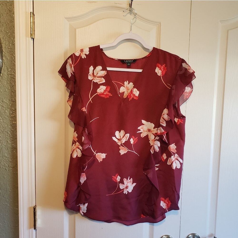 Lauren Ralph Lauren‎ ruffle capped sleeveless floral casual dress blouse size L
